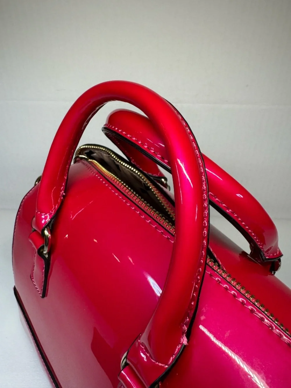 Hot Pink Patent Satchel Crossbody Bag Structured Top Handle Bow Lining